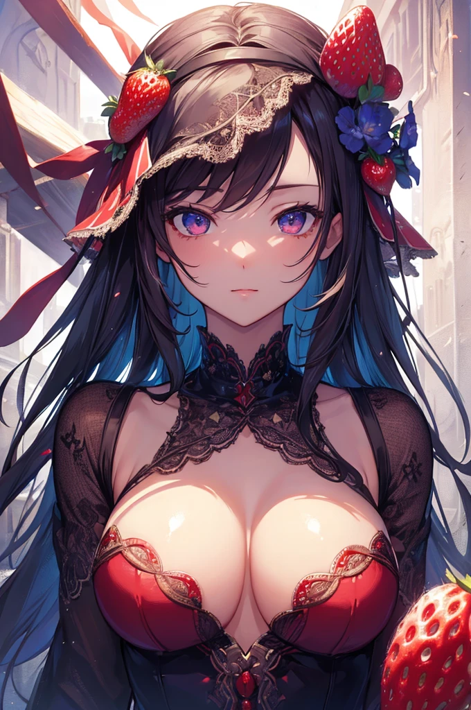 ((masterpiece, Highest quality)), High resolution, 8K, Cinematic Light, High Contrast, Written boundary depth, Strong brilliance, Detailed Background, One Girl, cute, Fine grain, Eyes sparkling, Detailed Iris, (Strawberry motif) Big Breasts
