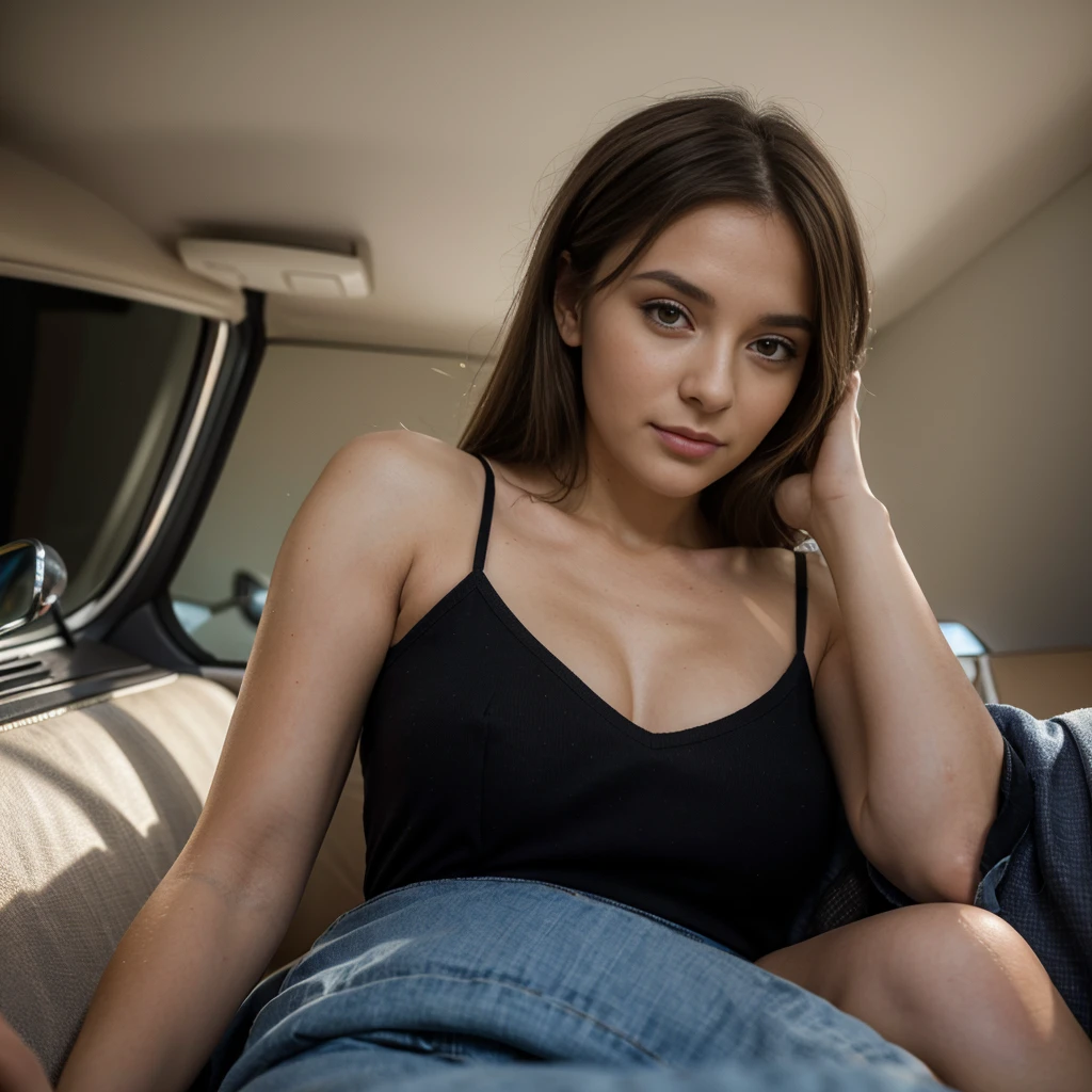 une femme brune, 25 ans toute mignonne et sexy (réaliste), (hyperréalisme), (photoréaliste), profondeur de champ, Maquillage pour les yeux:0.5, (Taille fine:0.7), Regarder le spectateur, tenue décontractée, devant une voiture de luxe, avec une montre de luxe, elle est toute seule sur la photo