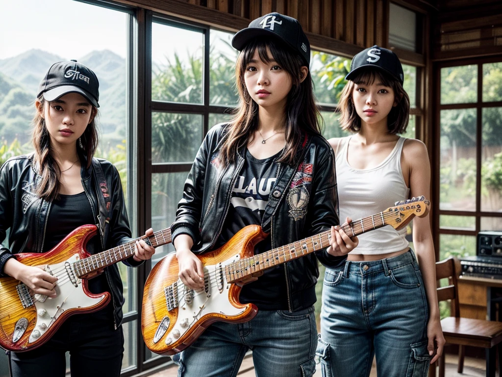 3 girl with a guitar counting on music studio, with a friend, decoration hair, wavy bob hair, baseball jacket, cargo pants, hat, tank top, (photorealistic:1.4), detailled music studio, hair decoration, windows with indonesian village view, (StingeR Stratocaster SST-10 guitar:1,2)