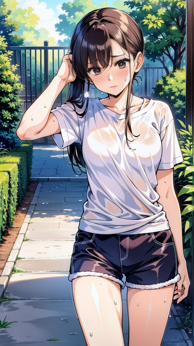 nsfw.((solo)).(woman).(((masterpiece))).((high resolution)).((4k)).((8k)).(wet).((see through t-shirt(1.5))).short-sleeved  t-shirt.short pants.zettai ryouiki.straight hair.medium breats.glowing.slender body.beautiful detailed eyes.big eyes. light blue eyes.long hairー