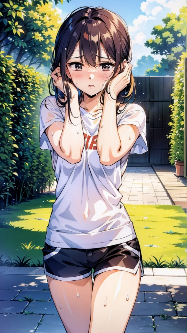 Exercise and sweat、(towel)、(Illustration of a woman wiping her face)。T-Shirts、Shorts。slender、Adult women。(8Life size)。walking、garden、