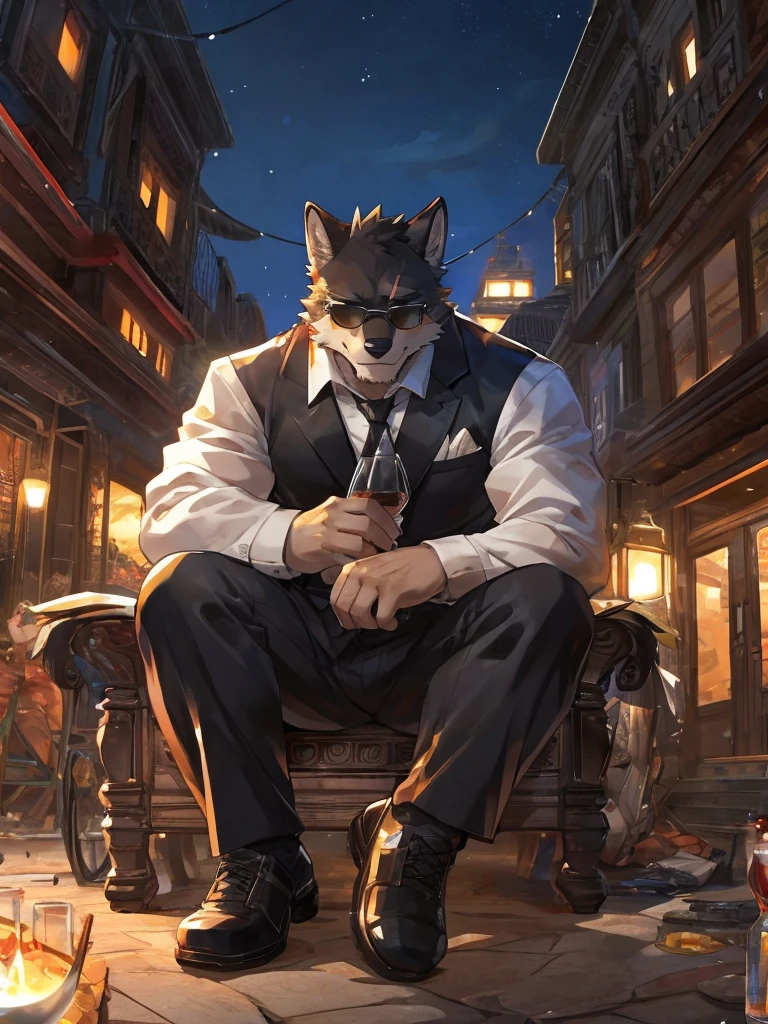 embedding:Black wolf，male, Scar on the face, Single Person,black fur,Black tattoo on his arm.Eyebrow studs,Broken eyebrow,black Sunglasses,Mob boss,Gangsters,Black suit,Leather shoes,A dark scene,Black tone,Dark style,In a luxury building,Behind it is a large glass.Sitting in the villa,Overbearing,A sense of oppression,Best quality hands, best quality eye，detailed fur，Delicate eyes.Extreme picture quality，by sollyz,by zixiong,by milkytiger1145
