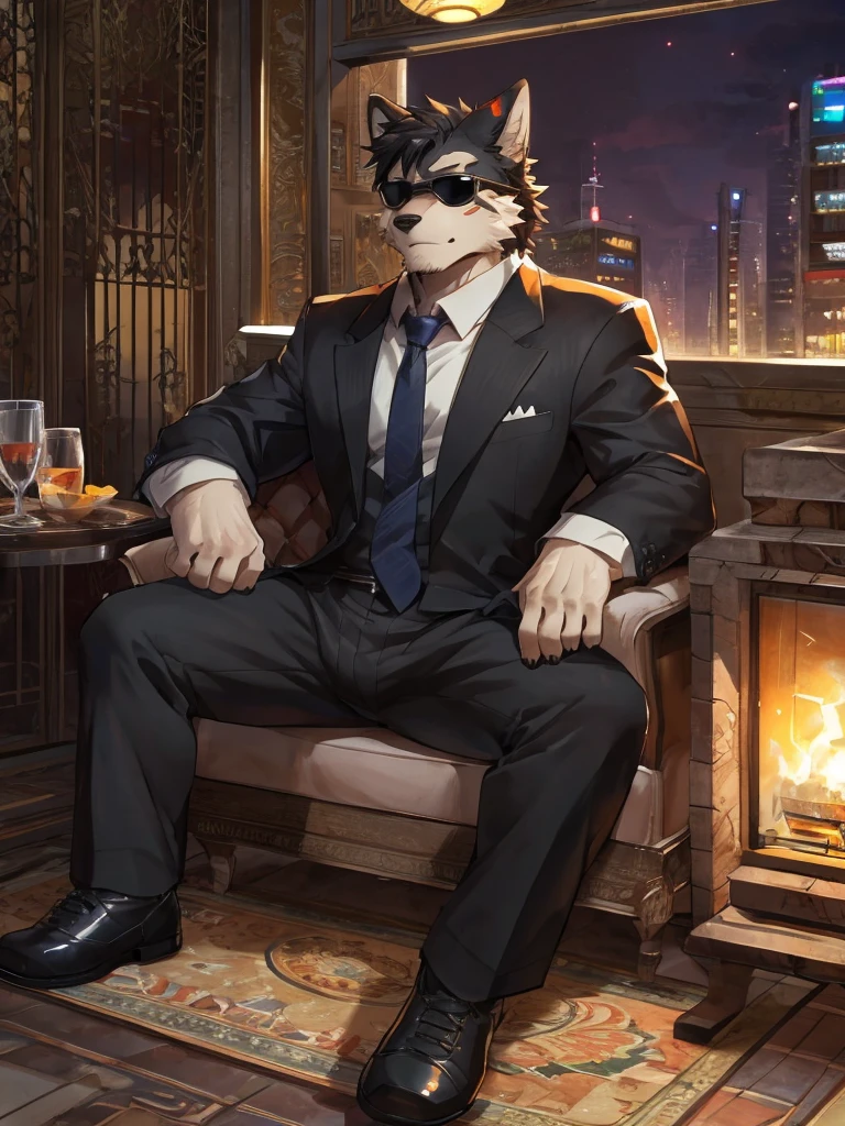 embedding:Black wolf,male, Scar on the face, Single Person,black fur,Black tattoo on his arm.Eyebrow studs,Broken eyebrow,black Sunglasses,Mob boss,Gangsters,Black suit,Leather shoes,A dark scene,Black tone,Dark style,In a luxury building,Behind it is a large glass.Sitting in the villa,Overbearing,A sense of oppression,Best quality hands, best quality eye,detailed fur,Delicate eyes.Extreme picture quality,by sollyz,by zixiong,by milkytiger1145