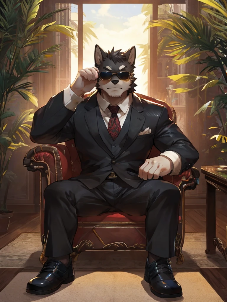 embedding:Black wolf,male, Scar on the face, Single Person,black fur,Black tattoo on his arm.Eyebrow studs,Broken eyebrow,black Sunglasses,Mob boss,Gangsters,Black suit,Leather shoes,A dark scene,Black tone,Dark style,In a luxury building,Behind it is a large glass.Sitting in the villa,Overbearing,A sense of oppression,Best quality hands, best quality eye,detailed fur,Delicate eyes.Extreme picture quality,by sollyz,by zixiong,by milkytiger1145