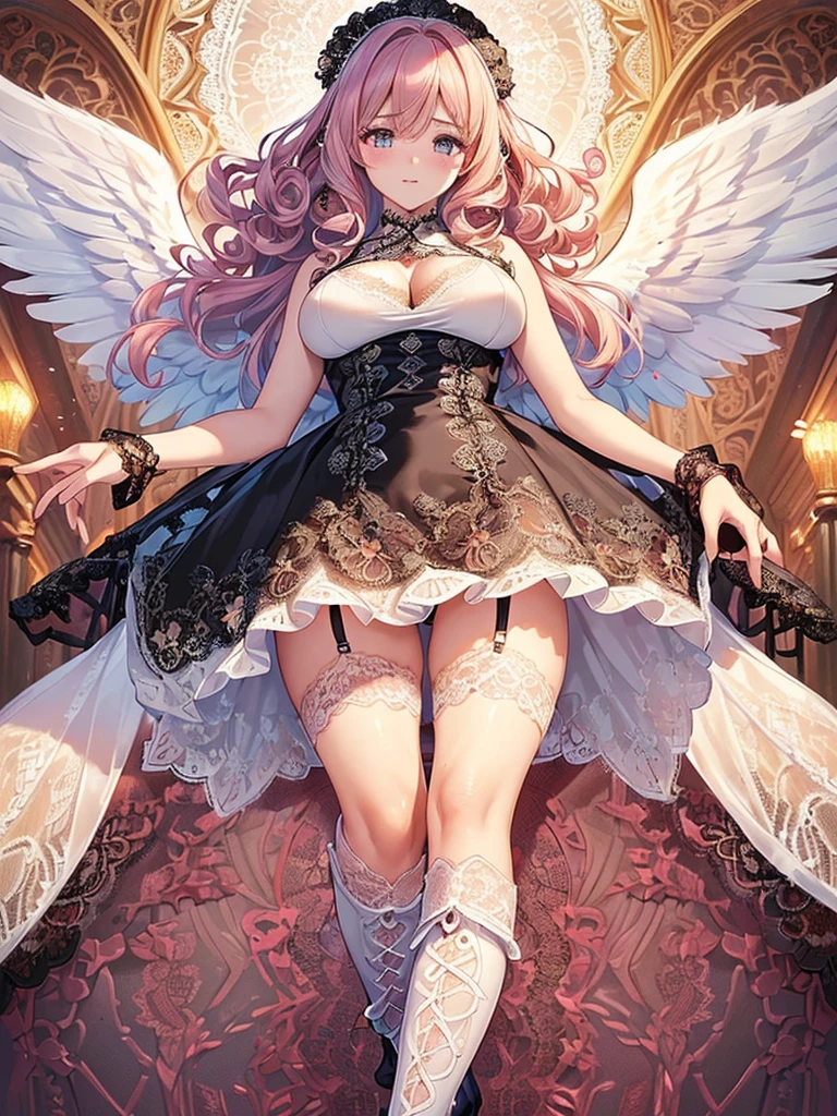 ((Highest quality)),(Ultra-high resolution),(Very detailed),(Detailed Description),((The best CG)),(A masterpiece),Ultra-detailed art,Amazing painting art,(Works with precise details:1.5), (1 female:1.6),(Beautiful and well-proportioned face:1.5),(Curly Hair:1.6),(Intricately detailed lace dress:2.0),Fine jewellery with exquisite detailing:1.5,Waist Accessories:1.5,Look at me and smile:1.5, See-through nipples, Angel Girl, (((Magnificent white angel wings on his back:1.2))), Mature Woman,Descended into the church,(Pastel colored hair:1.3),(Red and black long high heel boots:1.4), (garter belt), (stockings)、 (Floating in the sky with magical powers:1.2),(Floating skirt:1.5), (Embarrassed expression, blush:1.2),(bracelet),(heart choker), (Jewel-like eyes)