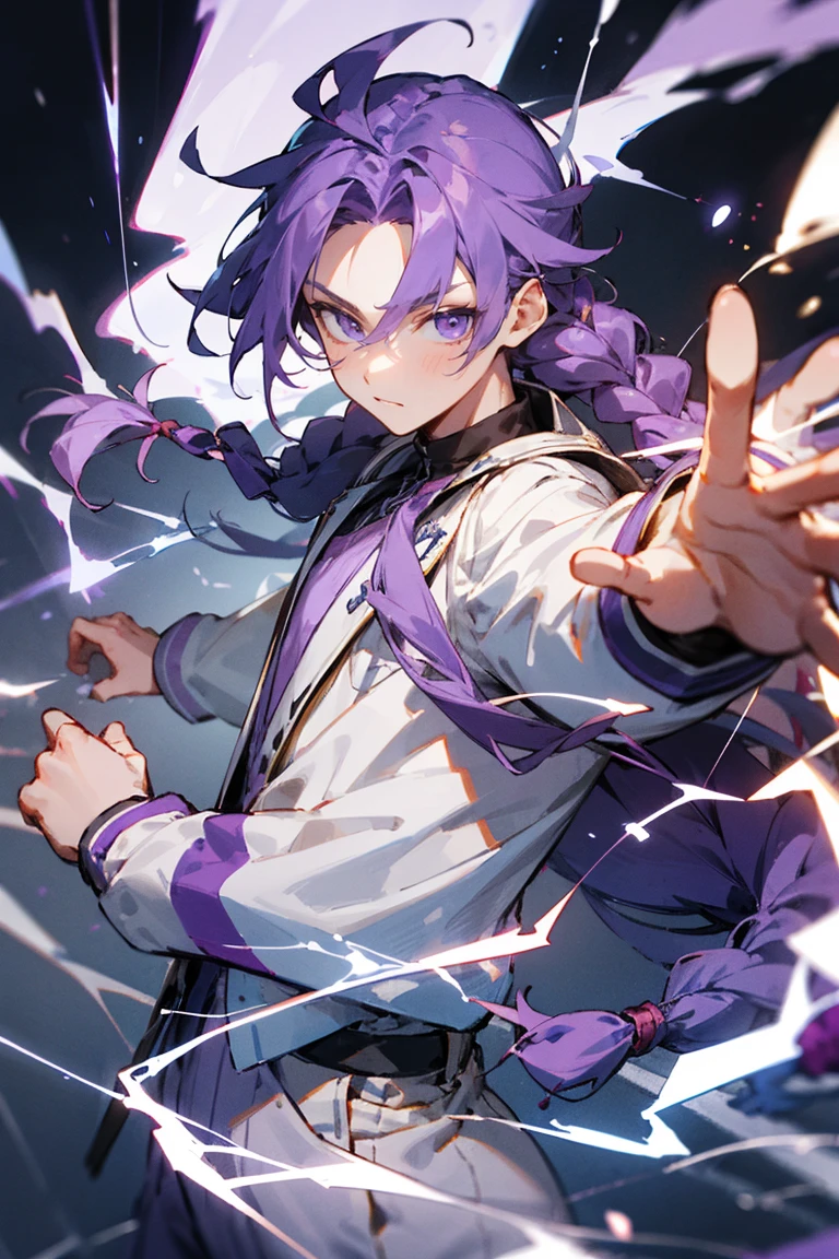 Male, long hair, purple hair, hair tied into a braid, purple and white clothes, long sleeves, electricity 