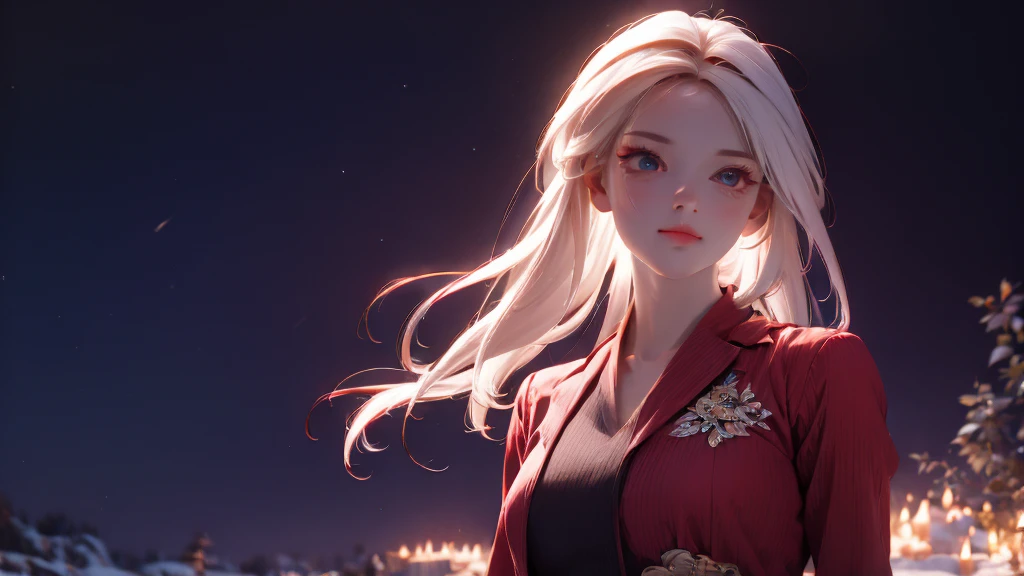 1 Girl, medium light white hair, light white eyes, wearing Red Suit 3D , night TOWN 18+, high res, ultrasharp, 8K, masterpiece, looking from behind