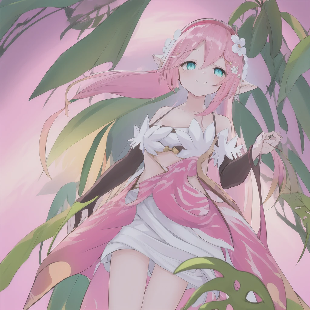 Traptrix, (best quality, masterpiece1.2), 1 girl, solo, smile, pink hair, cyan eyes, plant, white backgroud, best quality, highres,bloom effect,angle from below