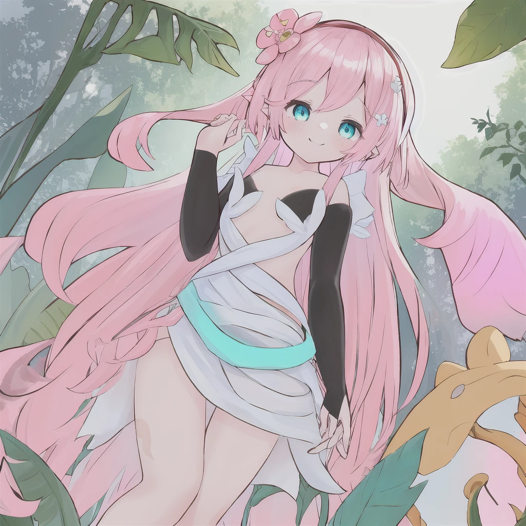 Traptrix, (best quality, masterpiece1.2), 1 girl, solo, smile, pink hair, cyan eyes, plant, white backgroud, best quality, highres,bloom effect,angle from below