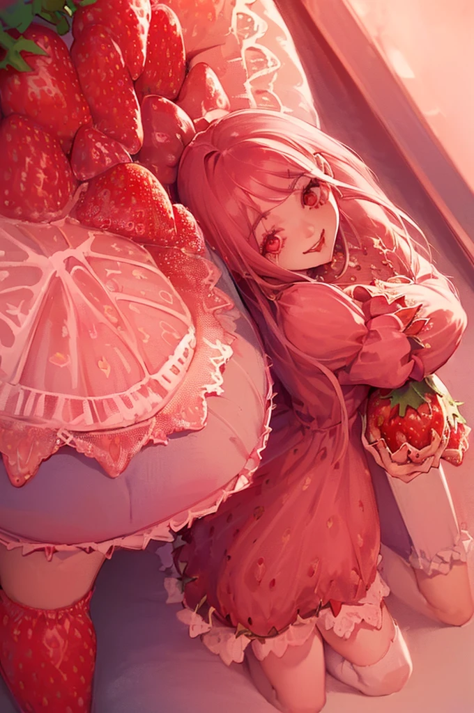 (Pastel Red Theme:1.2),((Strawberry Gothic Dress with Strawberry Pattern:1.4)), (Strawberry garnish:1.3),(Strawberry earrings:1.2),(White knee-high socks:1.3),(smile:1.2),(Eye size:1.5),(High resolution:1.5),(Bright colors:1.4),(Face close-up:1.3),(Gothic style:1.35),