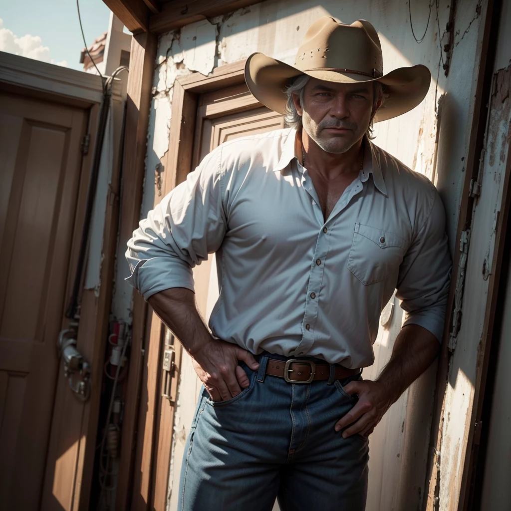 man, 40 years old, gray hair, very strong, blue eyes, looking att the camera, wearing a COUNTRY outfit with cowboy hat. The man poses with his hand on his waist looking at a scoreboard. The man's face is filled with intense determination as he checks the result of his performance. The illustration has a cinematic quality, with deep contrasts of light and shadow, and a sense of grandeur and wonder, painting, cinematic, illustration