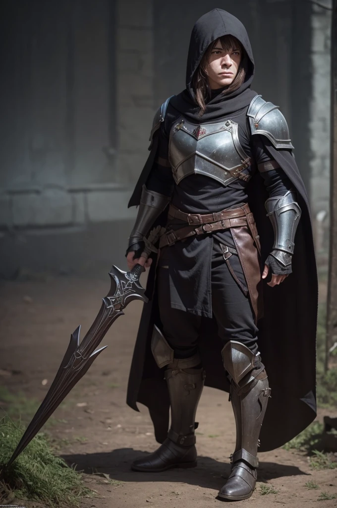 Make a reinterpretation of the goblin slayer character in a 1970s dark fantasy world with a hood and black armor
