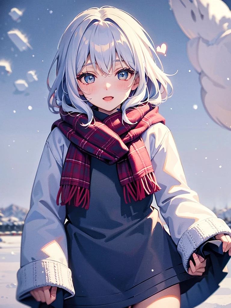 girl,((♡)),((Flying Heart)),((Snow scene background:1.3)),(Fancy World),((Colorful and casual winter clothes)),(Face close-up),