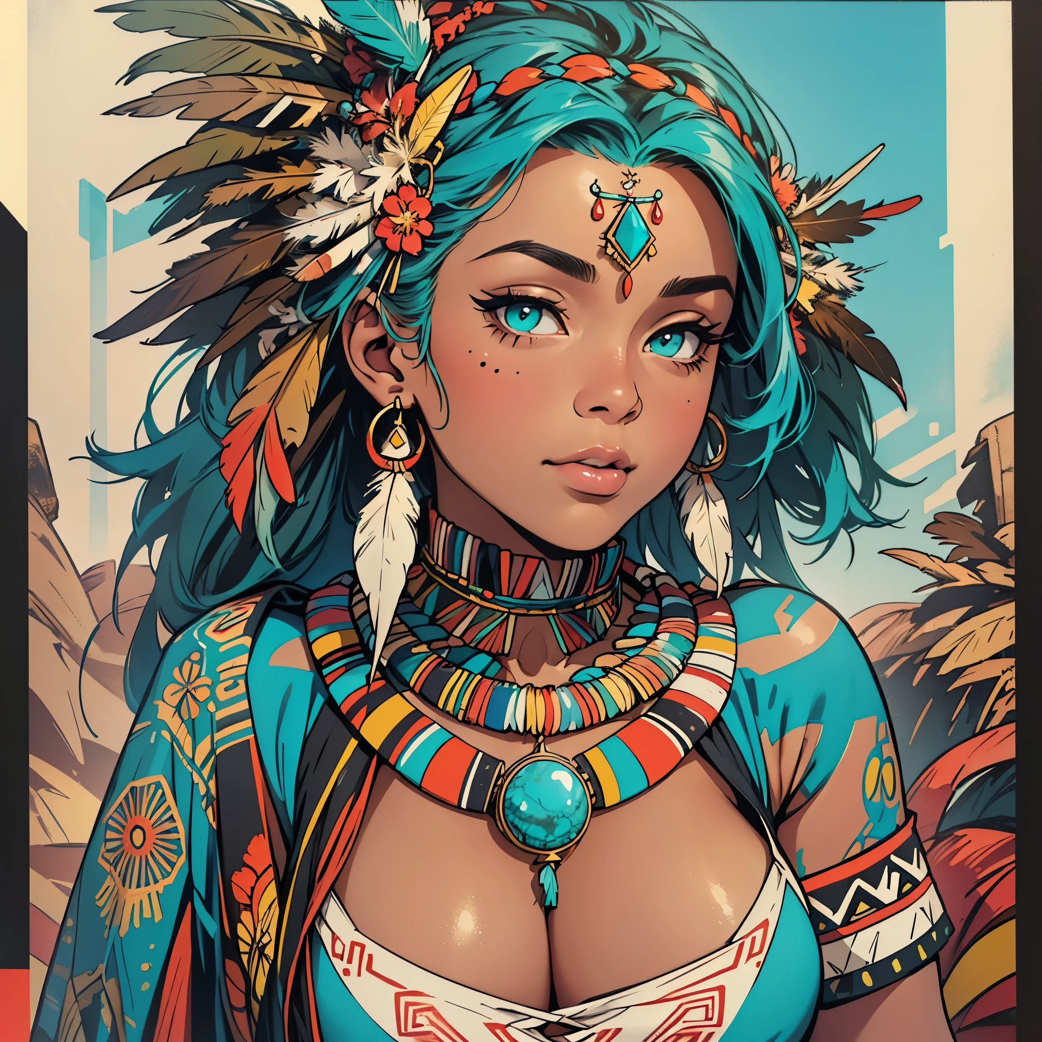 (((ultimate best quality))),((((solo:1.12)))),((((1girl:1.12)))),((((beautiful perfect woman)))),(((detailed perfect body, detailed perfect finger,detatiled perfect face))),(((bust up, close up))),(((((American comics))))),(((extreme highlights))),(((Extremely colorful, primary colors))),(cleavage, big breast)),(((perfect beautiful lady))),((((various angles))),((((detailed Indian,Tribe, Navajo,complicated feather ornament)))),((((black skin)))),(((indigenous peoples))),(detailed,turquoise,Ivory Necklace),native Americans