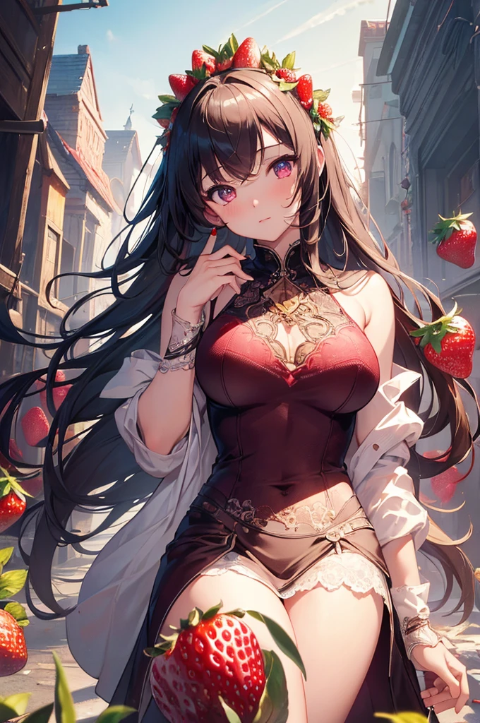 ((masterpiece, Highest quality)), High resolution, 8K, Cinematic Light, High Contrast, Written boundary depth, Strong brilliance, Detailed Background, One Girl, cute, Fine grain, Eyes sparkling, Detailed Iris, (Strawberry motif)、Beautiful breasts