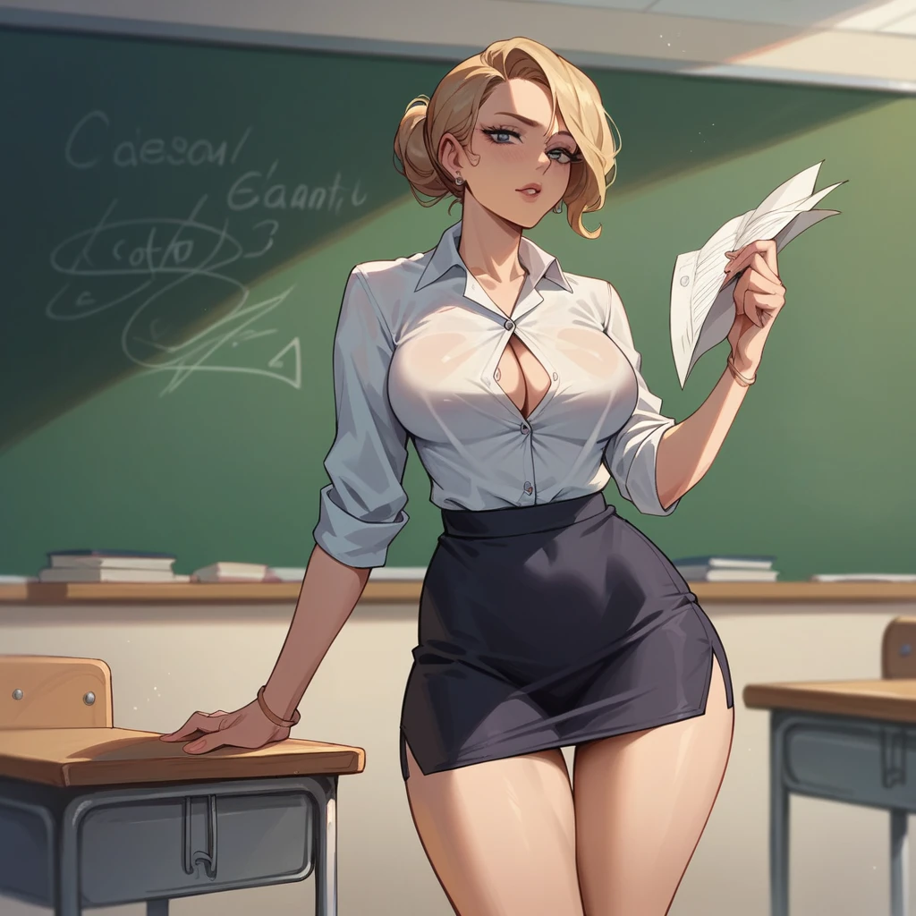 beautiful teacher writes on blackboard exam in anatomy, she is wearing extremely short skirt and sheer shirt, crowded classroom