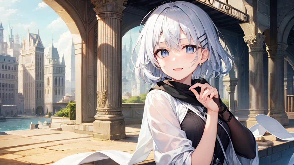 Her eyes were shining、Mysterious and enchanting atmosphere。With AI Painting、とてもShort Hair, Long bangs between the eyes, Very detailed,(masterpiece、Highest quality)、alone、Gray Hair、Fantasy, Silver Hair, Fantasyな風景、White shirt、smile、Open your mouth、Scarf、short hair、Short Hair、hairpin、black eye、Grey Eyes、Beautiful Eyes