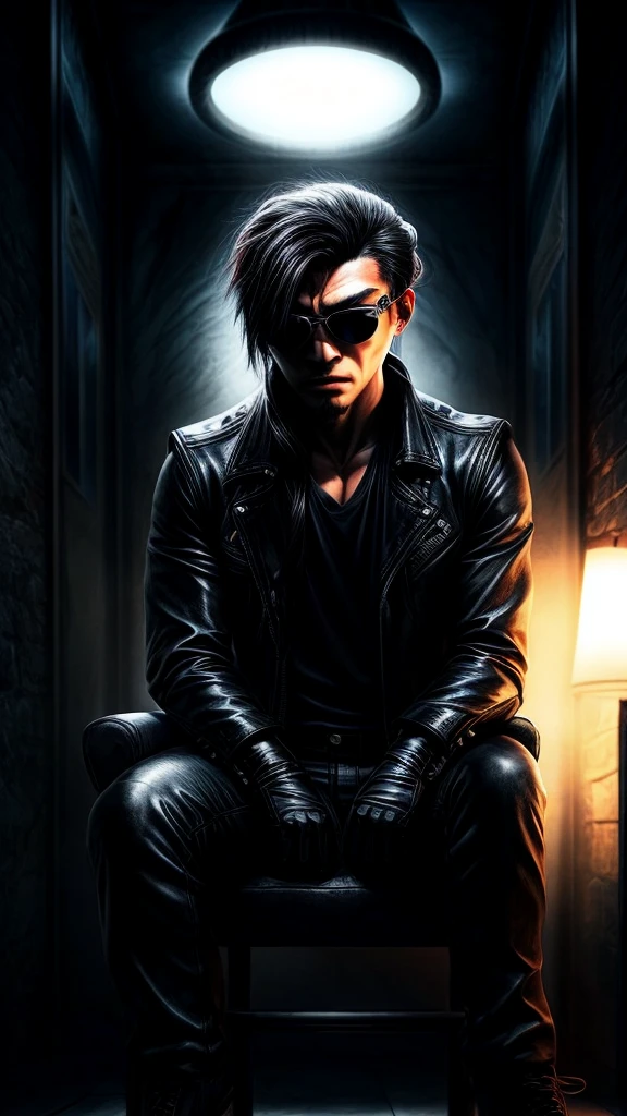 a stylish korean man with long hair tied in bun, wearing black round sunglasses, black leather gloves, dark clothing, sitting on a chair in a dark environment, dynamic point of view, best quality, ultra-detailed, photorealistic, vivid colors, dramatic lighting, chiaroscuro, dark and moody atmosphere, masculine, charismatic, punk style