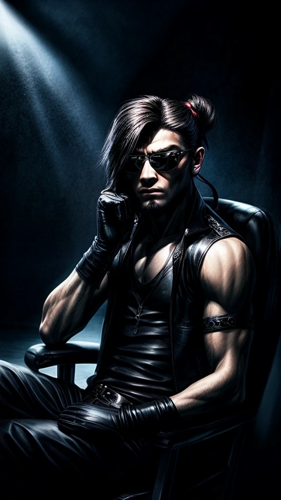 Korean men with a lot of style, stylish, punk style, black round sunglasses, long hair tied in a bun, sitting on a chair in the dark, dynamic point of view, best quality, best color, very realistic, very detailed, dark clothes, very charismatic character, black leather gloves