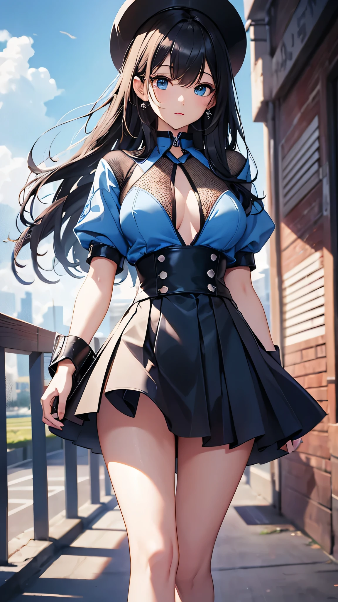 最high quality、Best image quality、masterpiece、With a girl((cute、20-year-old、Best Bust、Medium Bust、Bust 85,Beautiful Blue Eyes、Spread your chest wide,Long black hair、Slender、The best valley、、Blue Y-shirt、White short skirt,Show the whole body、Black perforated gloves,Blue Mesh)）high quality、Beautiful art、background((School、School zone、Strong winds)),Tabletop、Exquisite design、Visual Arts、Depth of written boundary、Best lighting、Highest detail、8ｋ