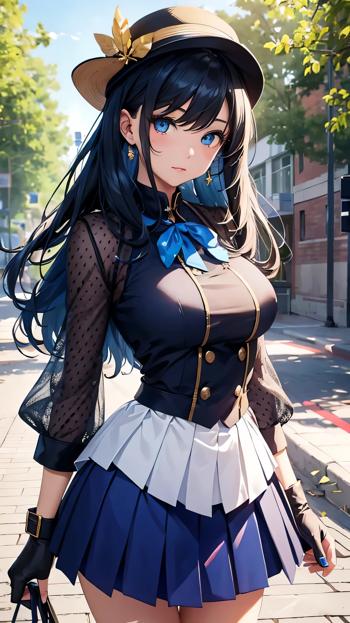 最high quality、Best image quality、masterpiece、With a girl((cute、20-year-old、Best Bust、Medium Bust、Bust 85,Beautiful Blue Eyes、Spread your chest wide,Long black hair、Slender、The best valley、、Blue Y-shirt、White short skirt,Show the whole body、Black perforated gloves,Blue Mesh))high quality、Beautiful art、background((School、School zone、Strong winds)),Tabletop、Exquisite design、Visual Arts、Depth of written boundary、Best lighting、Highest detail、8k
