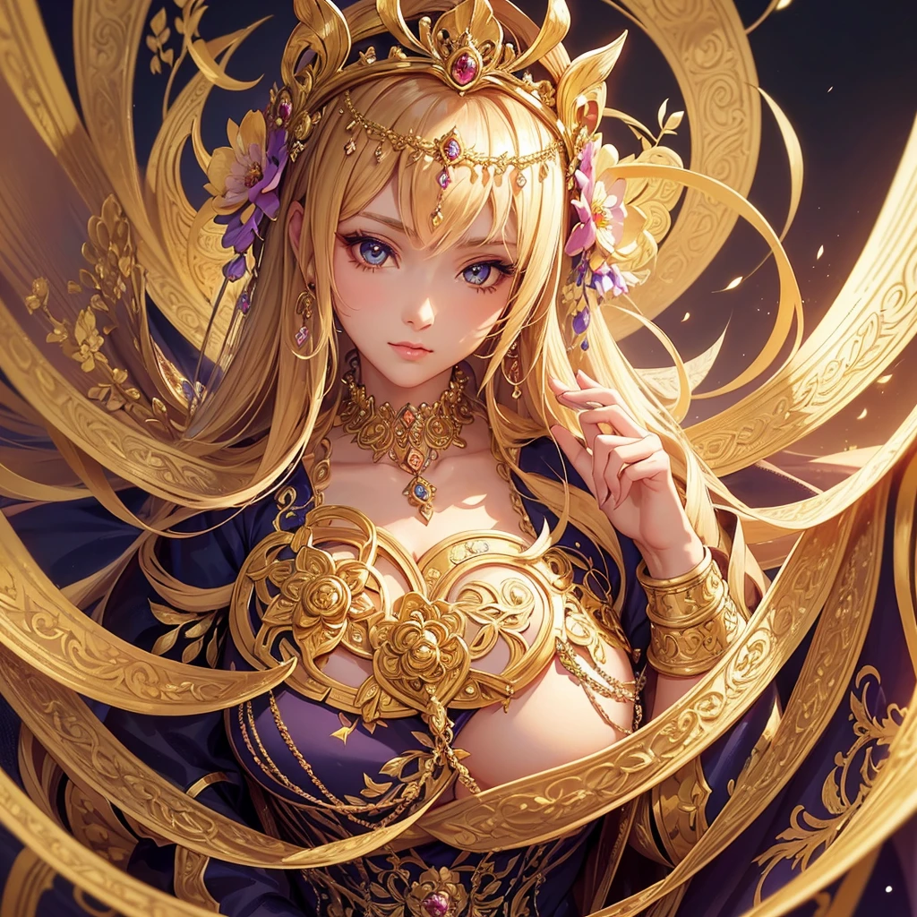 a close up of a woman in a ornate, lavish dress with flowers in her hair, trending on cg society, fantasy art, ((a beautiful fantasy empress)), a beautiful fantasy empress, anime goddess, gilded lotus princess, 8k high quality detailed art, portrait empress of zodiac girl, beautiful and elegant queen, beautiful celestial mage, unique, surrounded with flowers, luxurious.