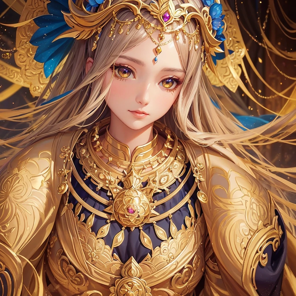 a close up of a woman in a ornate, lavish dress with flowers in her hair, trending on cg society, fantasy art, ((a beautiful fantasy empress)), a beautiful fantasy empress, anime goddess, gilded lotus princess, 8k high quality detailed art, portrait princess of zodiac girl, beautiful and elegant queen, beautiful celestial mage, very luxurious.