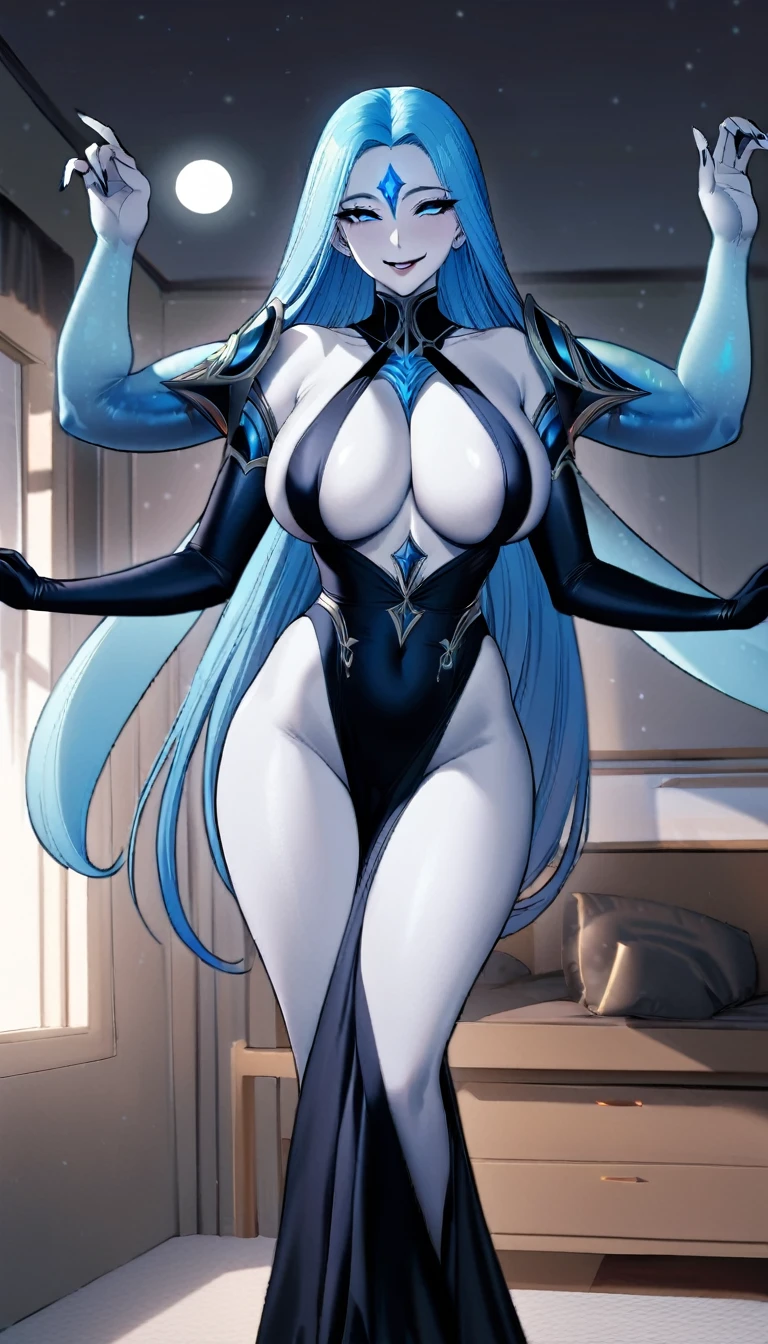 Masterpiece, high quality, bedroom, 1 girl, sexy, blue long hair, 6 eyes, 6 arms, tall, curvy, large breasts, smiling, pale skin, etherial race, human skin, moon, milf, black clothes, revealing dress, multiple arms, fantasy clothes
