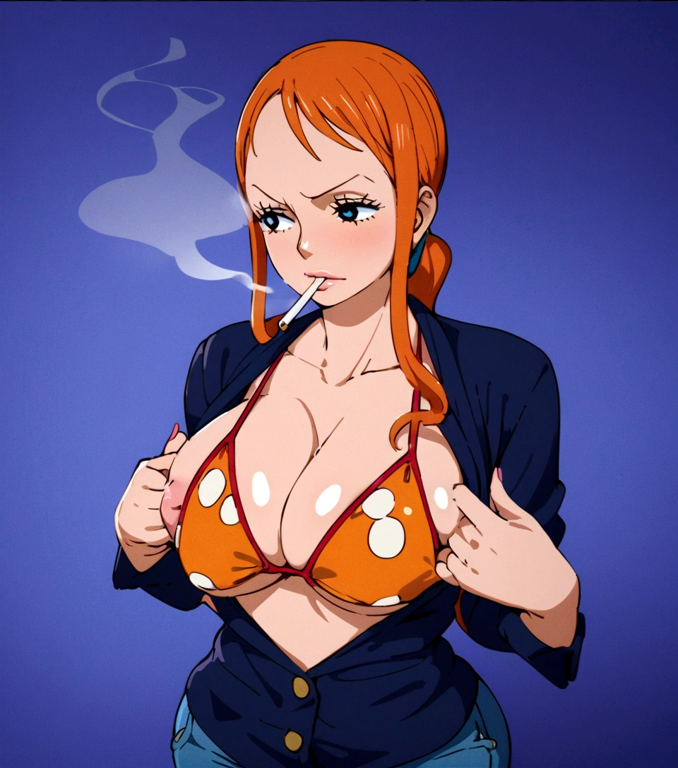 a cartoon picture of a woman in a bikini top and jeans, nami one piece, nami from one piece, nami, beautiful portrait of nami, from one piece, oppai, blue eyes, smoking, ponytail, nsfw, nipple, horny