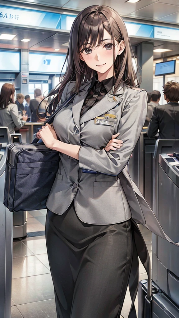 A female airport staff member standing at an information desk in a modern airport terminal. She is dressed in a professional uniform, with a friendly and welcoming expression. The background includes signs in multiple languages, people walking by with luggage, and an overall busy airport atmosphere. The lighting is bright and natural, giving a clean and efficient look to the scene