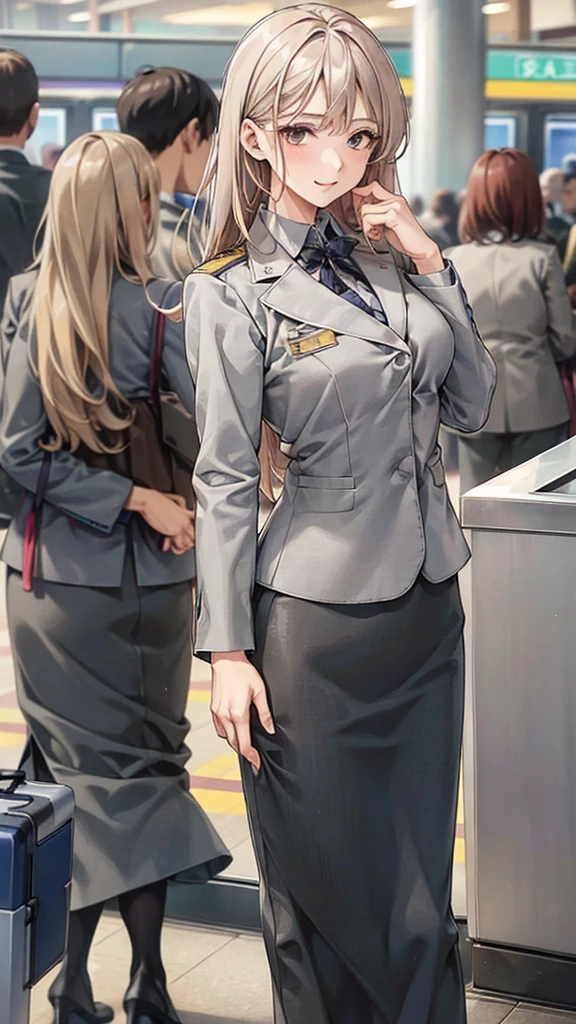 A female airport staff member standing at an information desk in a modern airport terminal. She is dressed in a professional uniform, with a friendly and welcoming expression. The background includes signs in multiple languages, people walking by with luggage, and an overall busy airport atmosphere. The lighting is bright and natural, giving a clean and efficient look to the scene