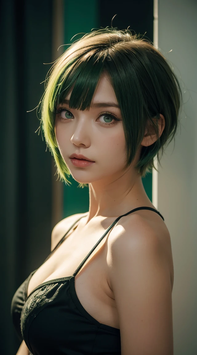 One girl, Green Hair, Red eyes, dress, short hair, (alone:1.3),