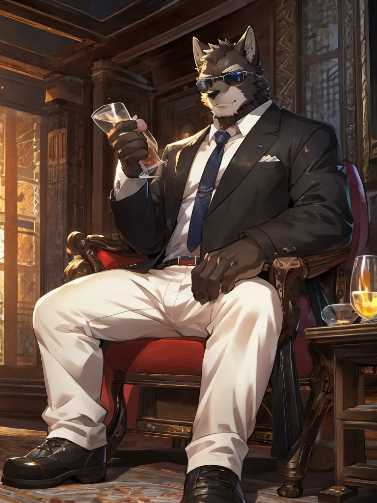 embedding:Black wolf，male, Scar on the face, Single Person,black fur,Black tattoo on his arm.Eyebrow studs,Broken eyebrow,black Sunglasses,Mob boss,Gangsters,Black suit,Leather shoes,A dark scene,Black tone,Dark style,In a luxury building,Behind it is a large glass.Sitting in the villa,Overbearing,A sense of oppression,Best quality hands, best quality eye，detailed fur，Delicate eyes.Extreme picture quality，by sollyz,by zixiong,by milkytiger1145