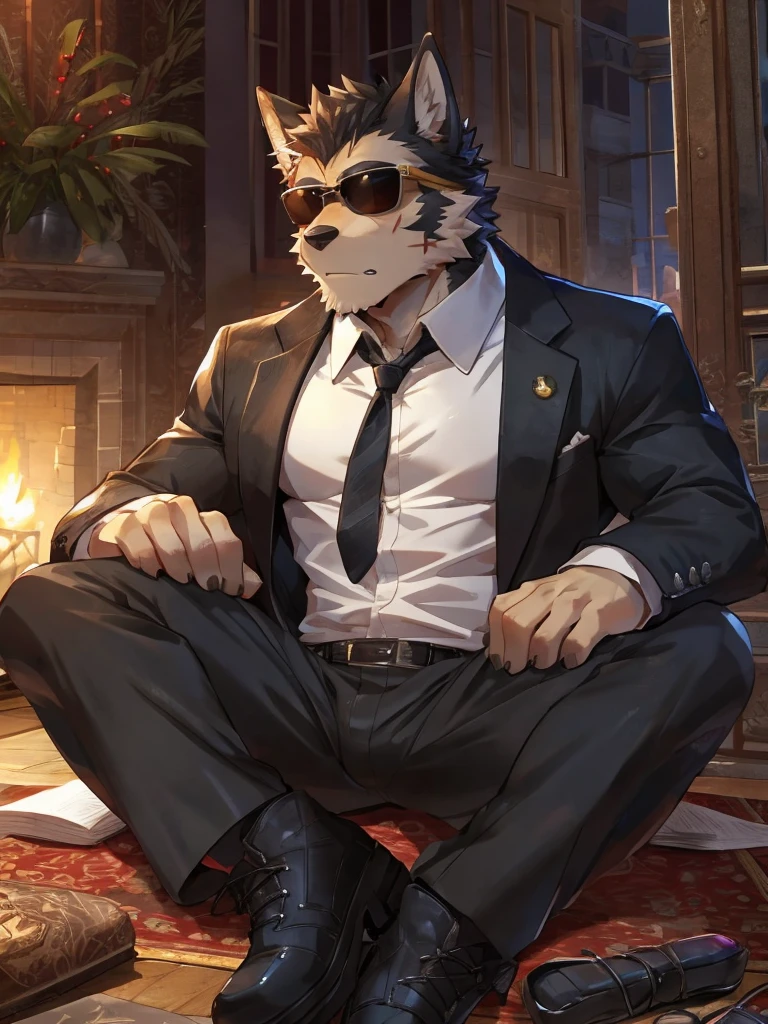embedding:Black wolf,male, Scar on the face, Single Person,black fur,Black tattoo on his arm.Eyebrow studs,Broken eyebrow,black Sunglasses,Mob boss,Gangsters,Black suit,Leather shoes,A dark scene,Black tone,Dark style,In a luxury building,Behind it is a large glass.Sitting in the villa,Overbearing,A sense of oppression,Best quality hands, best quality eye,detailed fur,Delicate eyes.Extreme picture quality,by sollyz,by zixiong,by milkytiger1145