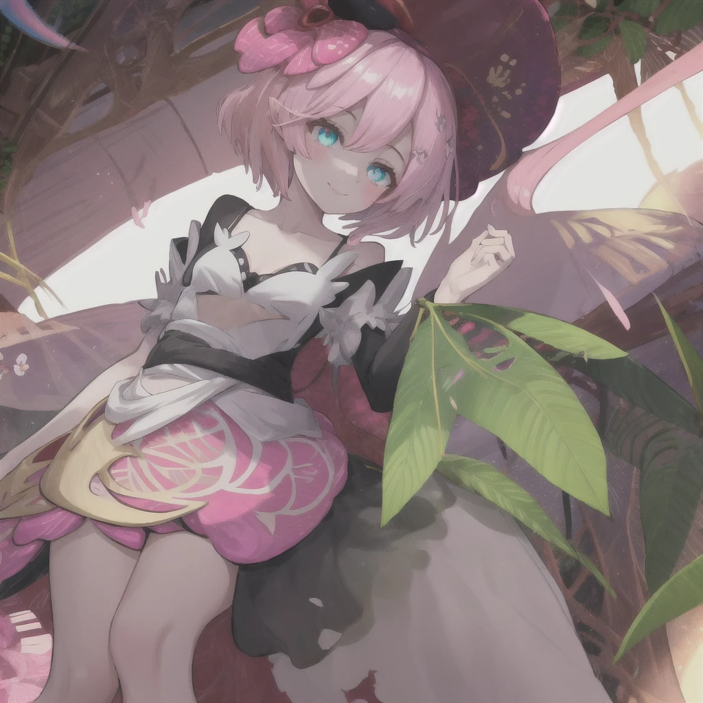 Traptrix, (best quality, masterpiece1.2), 1 girl, solo, smile, pink hair, cyan eyes, plant, white backgroud, best quality, highres,bloom effect,angle from below