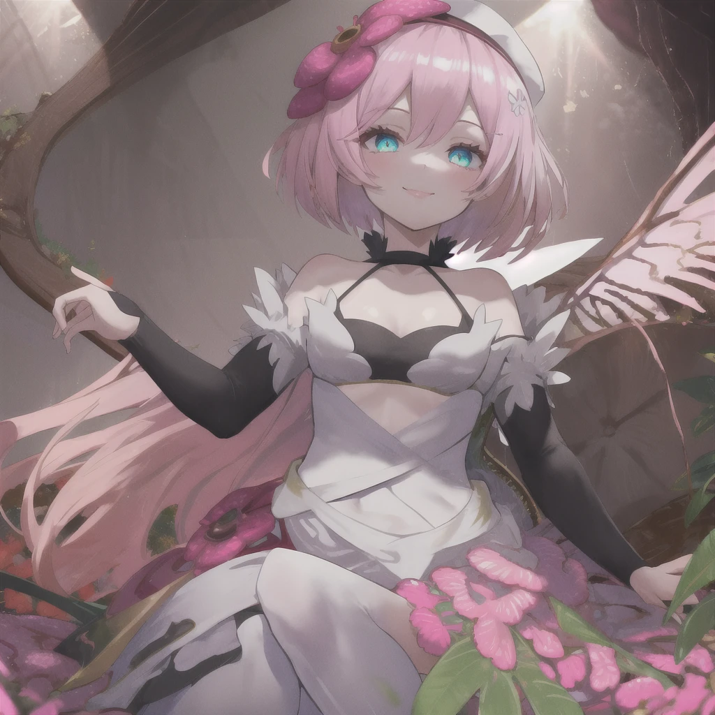 Traptrix, (best quality, masterpiece1.2), 1 girl, solo, smile, pink hair, cyan eyes, plant, white backgroud, best quality, highres,bloom effect,angle from below