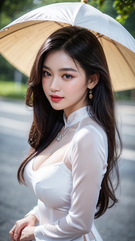 detailed body, attractive body, perfect human body, realistic face,
(ultimate quality, masterpiece, highres:1.0), realistic:1.6, photorealistic,
[8k UHD photos, UHD high quality photos, Super detailed and super clear images],
Close-up of 2 Vietnamese girl with a beautiful face and balanced body, leggy, round face, big round eyes, Charming smile, Red lips, long curly eyelashes, big dimples, pointed chin, plump face, Her face resembles Tuyet Linh, Tall and plump figure, seethrough bra, wear necklaces and earrings,
wearing a bright and white shiny satin silk ao dai, Two girls standing and kissing under rain on the road city, pose sexy,
Satin silk ao dai,