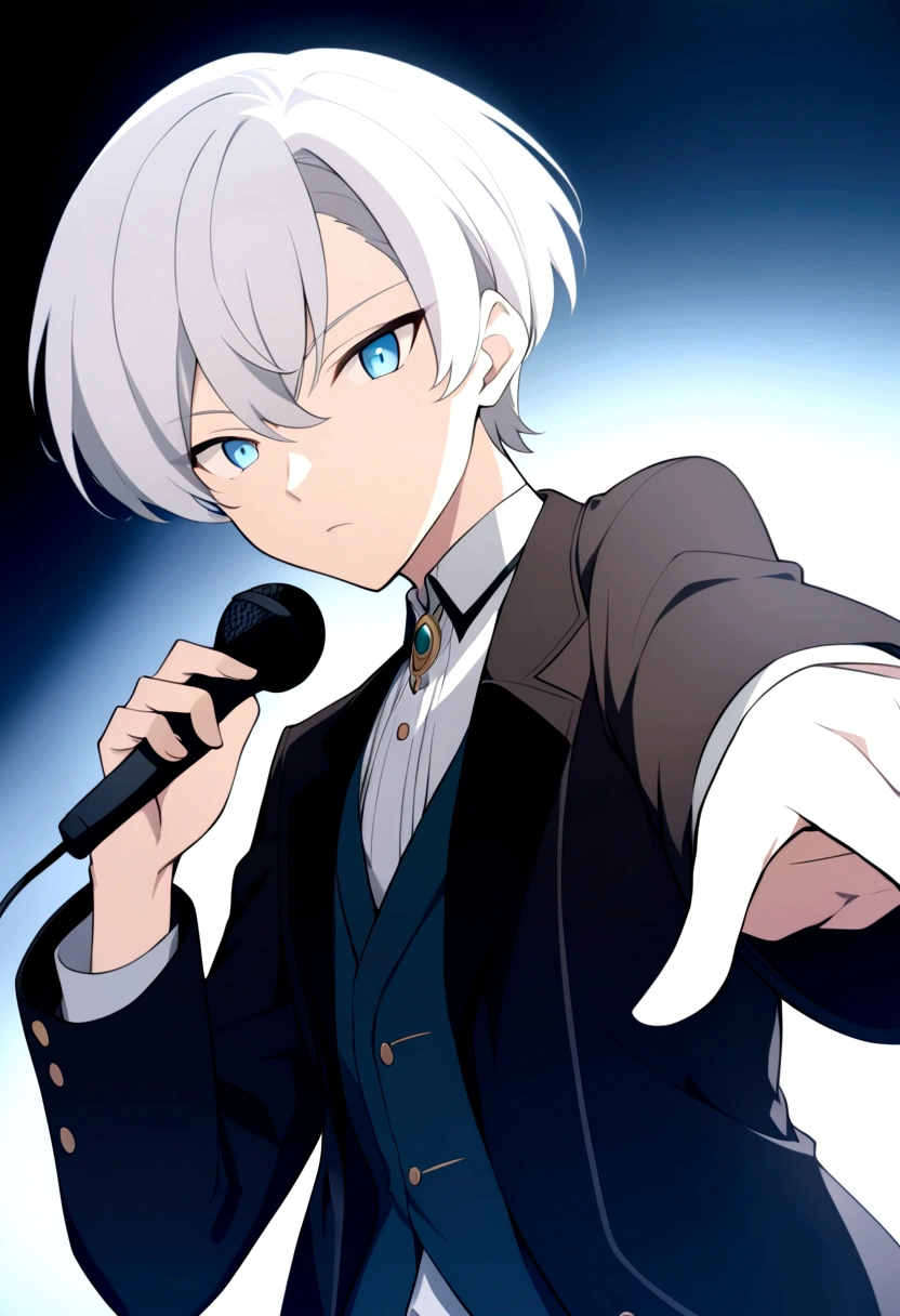 Mushroom cut white hair, Anime Style,A boy holding a microphone and looking at you,Zoom in on face