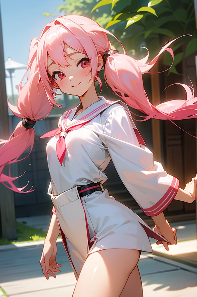 Perfect human body modeling, 1girl, small breasts, beautiful girl, cute girl and idol face, young face, smile, Beautiful long pink hair, twintails, Beautiful shining red eyes, white skin, Short body, Japanese Summer School Girl's Uniform, girls' sailor student uniform, sunlight, under the sun, 