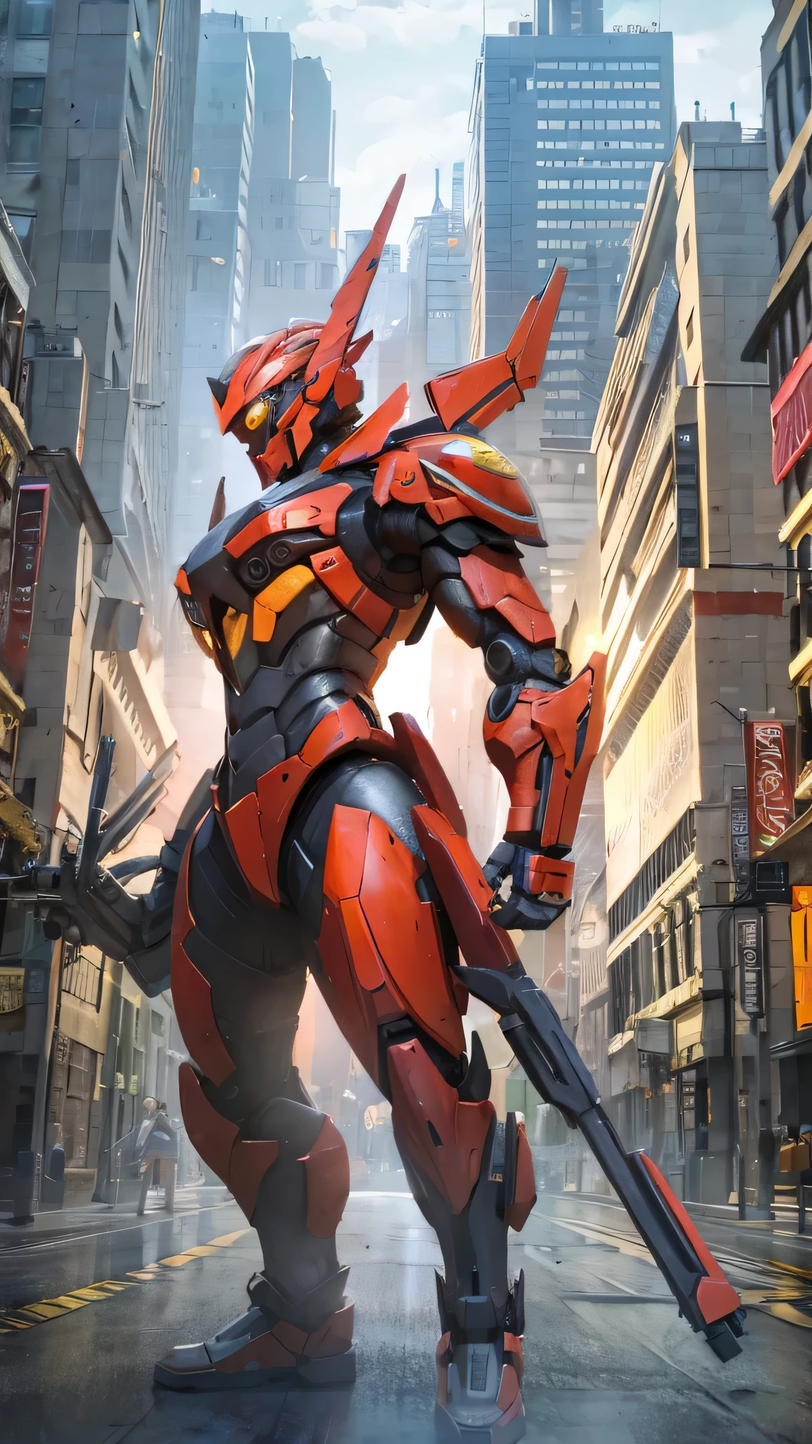 最high quality、Best image quality、masterpiece、Giant Mecha((Humanoid、Red body))high quality、Beautiful art、background((City)),Tabletop、Exquisite design、Visual Arts、Depth of written boundary、Best lighting、Highest detail、8k