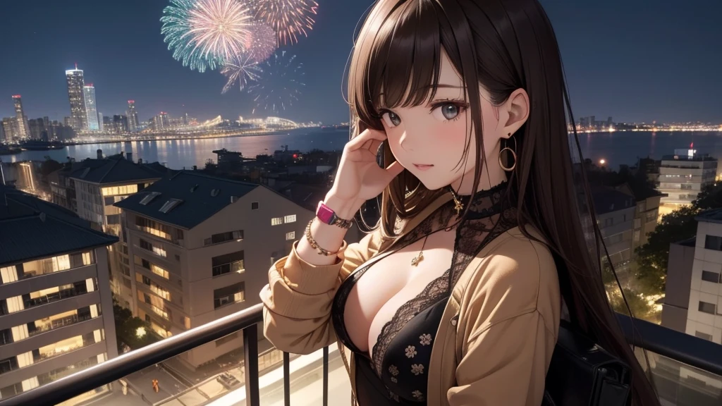 (Super detailed,High resolution,masterpiece:1.2) Night view from the balcony or terrace, You can see big fireworks。View of Japanese apartment buildings in the background. Focus on women in their 20s to 40s with calm expressions. She has stylish hair, Light Brown Hair. She is wearing a jacket over a long-sleeved top.、Accessorized with earrings, bracelet, watch. It showcases the woman's appearance and the architectural details of the surrounding buildings..(Highest quality:1.2), Super detailed, High resolution, Tabletop:1,2, Vibrant colors, Bokeh, Professional Lighting, Physically Based Rendering, Flat Color:0.8, Fine 図, Realistic:1.37, Shinkai Makoto style, Your name style, Light brown hair, Elegant update,ponytail,Bun Hair。髪型Flat Color: 0.8)、(masterpiece: 1,2)、(masterpiece: 1,2)、High resolution、Ultra high definition、Highest quality、High resolution、