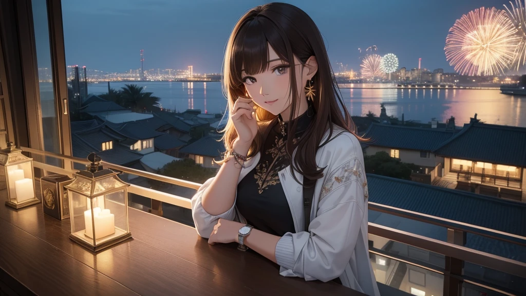 (Super detailed,High resolution,masterpiece:1.2) Night view from the balcony or terrace, You can see big fireworks。View of Japanese apartment buildings in the background. Focus on women in their 20s to 40s with calm expressions. She has stylish hair, Light Brown Hair. She is wearing a jacket over a long-sleeved top.、Accessorized with earrings, bracelet, watch. It showcases the woman&#39;s appearance and the architectural details of the surrounding buildings..(Highest quality:1.2), Super detailed, High resolution, Tabletop:1,2, Vibrant colors, Bokeh, Professional Lighting, Physically Based Rendering, Flat Color:0.8, Fine 図, Realistic:1.37, Shinkai Makoto style, Your name style, Light brown hair, Elegant update,ponytail,Bun Hair。髪型Flat Color: 0.8)、(masterpiece: 1,2)、(masterpiece: 1,2)、High resolution、Ultra high definition、Highest quality、High resolution、