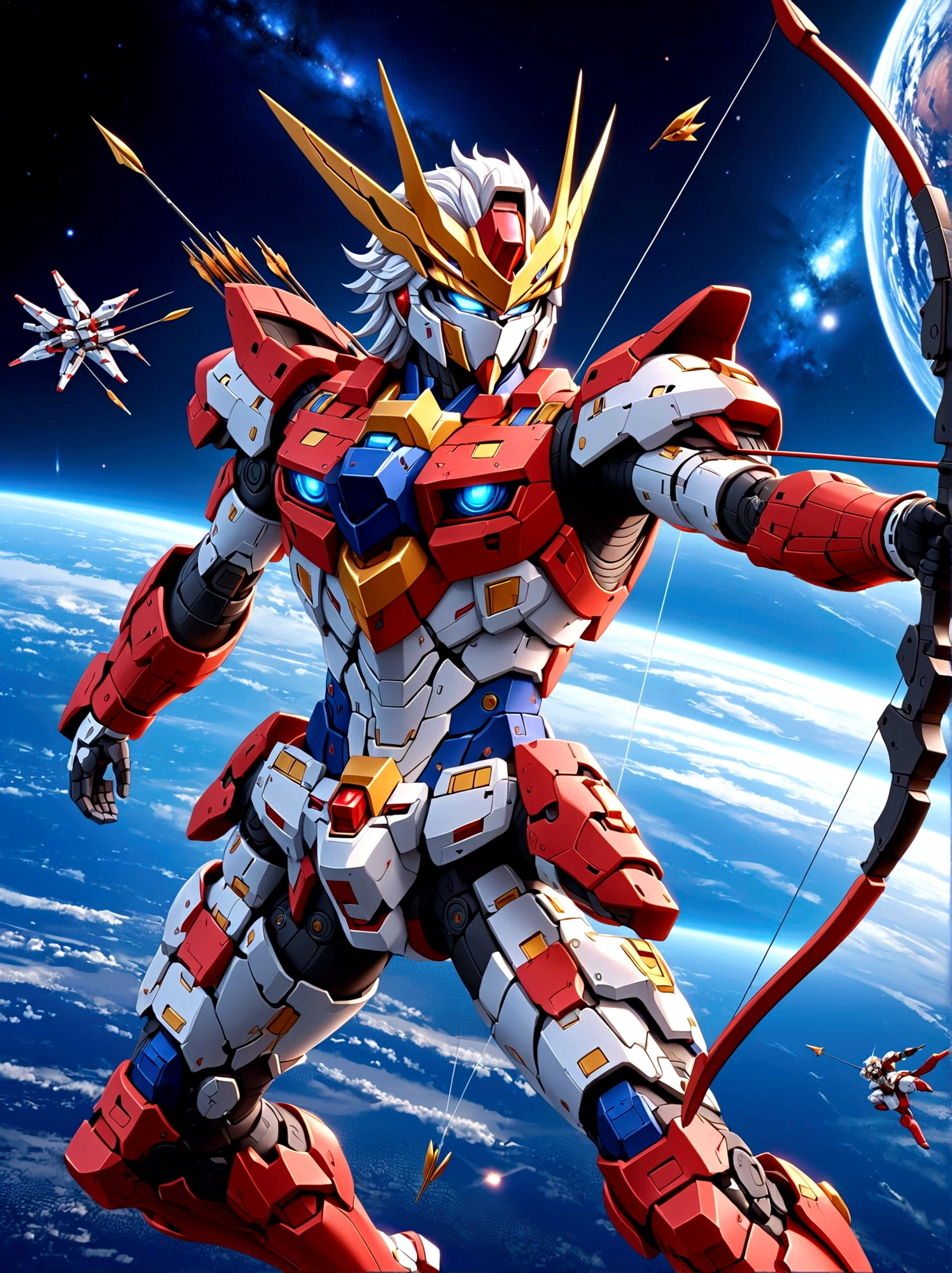 Amazing quality，masterpiece，Best quality，Ultra Detailed，Ultra HD，Depth of Field，(whole body:1.5)，Gundam holding a bow and arrow，Space，(Archer)，(anatomically correct, accurate, 8K)