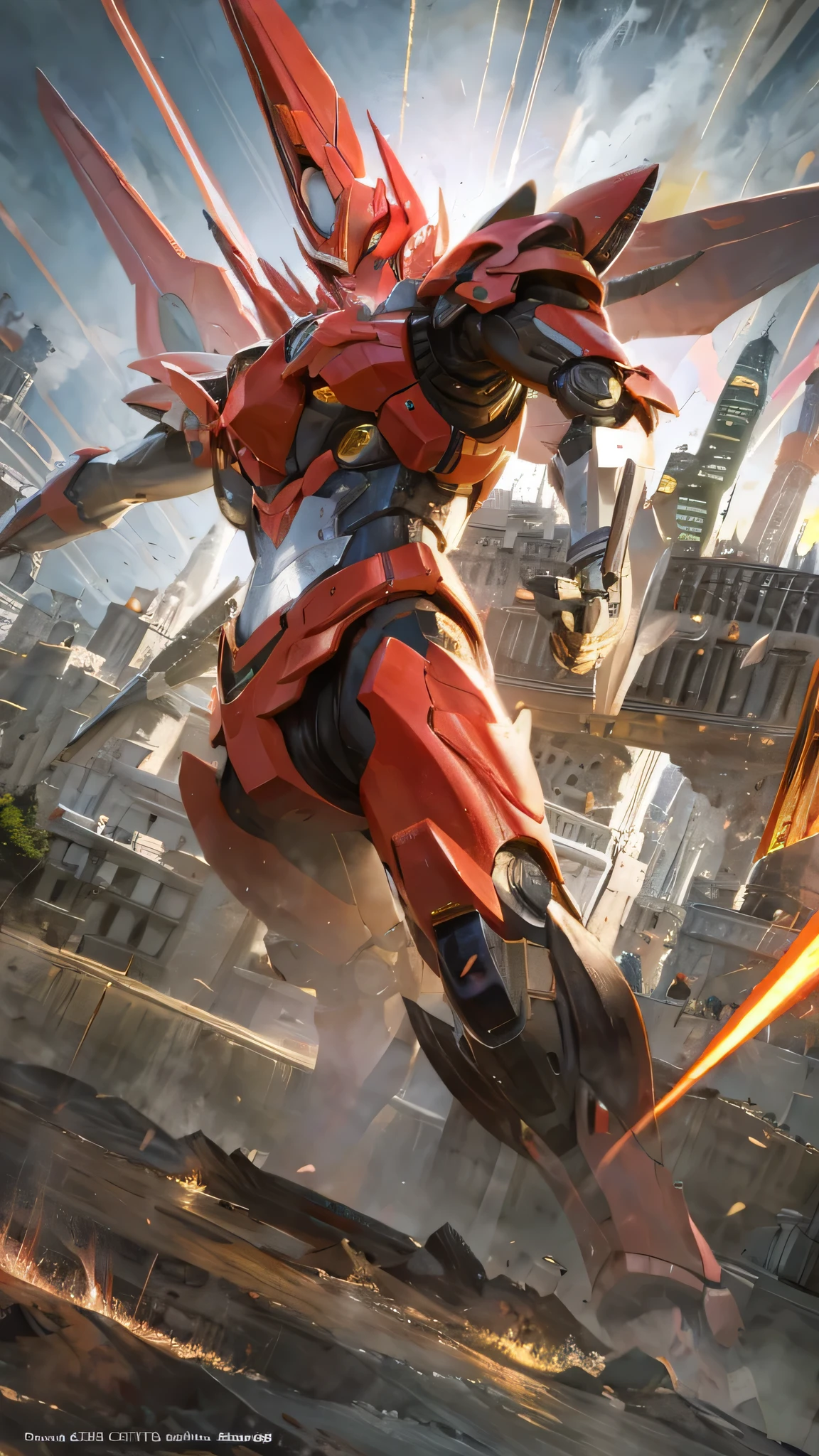最high quality、Best image quality、masterpiece、Giant Mecha((Humanoid、Red body))high quality、Beautiful art、background((City)),Tabletop、Exquisite design、Visual Arts、Depth of written boundary、Best lighting、Highest detail、8k