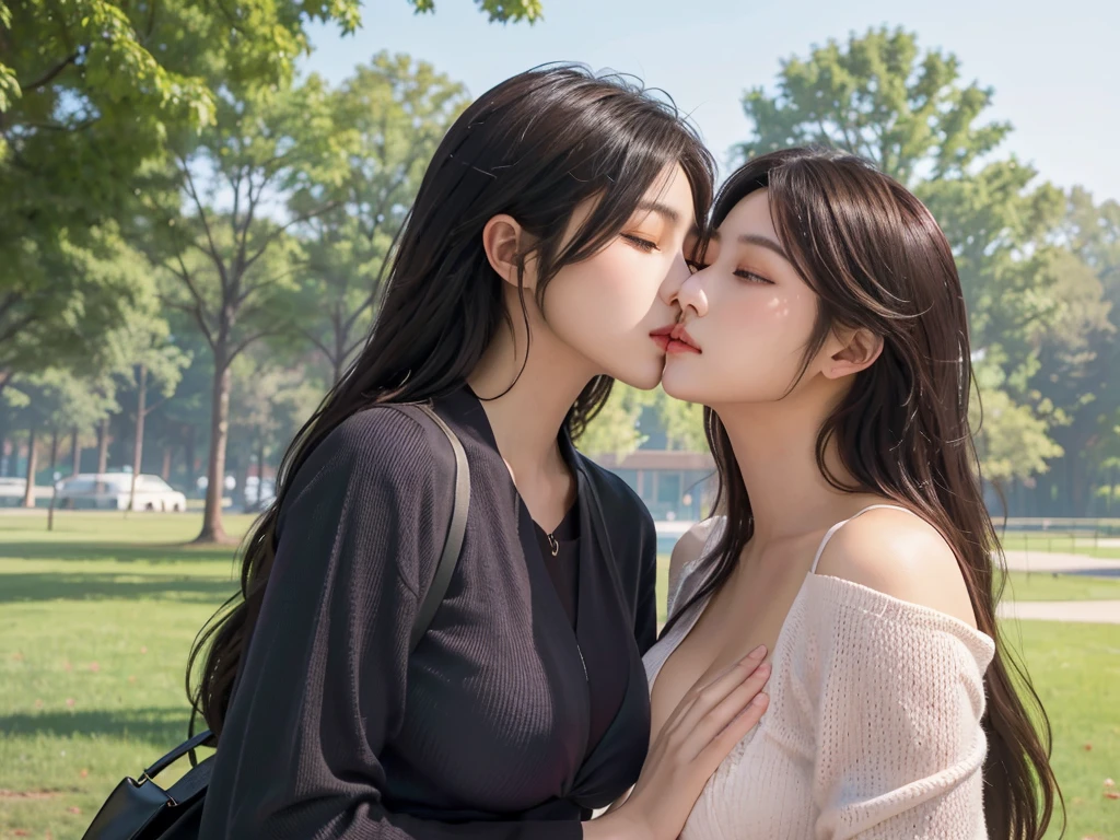 best quality, high res, masterpiece, (Photorealsitic:1.35), (top-quality), ultra High Resolution, two Ultimate Beautiful Woman, white shawl straight long hair, beautiful detailed eyes, beautiful detailed parted lips, extremely detailed eyes and face, long eyelashes, medium oil painting, vivid colors, ultra painting, sharp focus, physically-based rendering, extreme detail description, portraits, curvy slim body, (Firm and well-shaped perfect medium breasts:1.5), hyperdetailed face, Detailed lips, Detailed eyes, Double eyelids, shiny skin, Highly detailed, ultra-detail art, Best Shadows, Perfect lighting, (surreal), Improved resolution, 8K, Best figure, deep shadow, Perfect dynamic composition, close eyes, two women are standing close together in a park with trees, a portrait of two girls kissing, lesbian kiss, kissing together cutely, kissing mouth to mouth, a lovely kiss, kissing each other, kissing together, two women kissing at a carnival, two beautiful women in love, kissing, two girls, lesbian embrace, lesbian, two beautiful anime girls, lesbians, girl
