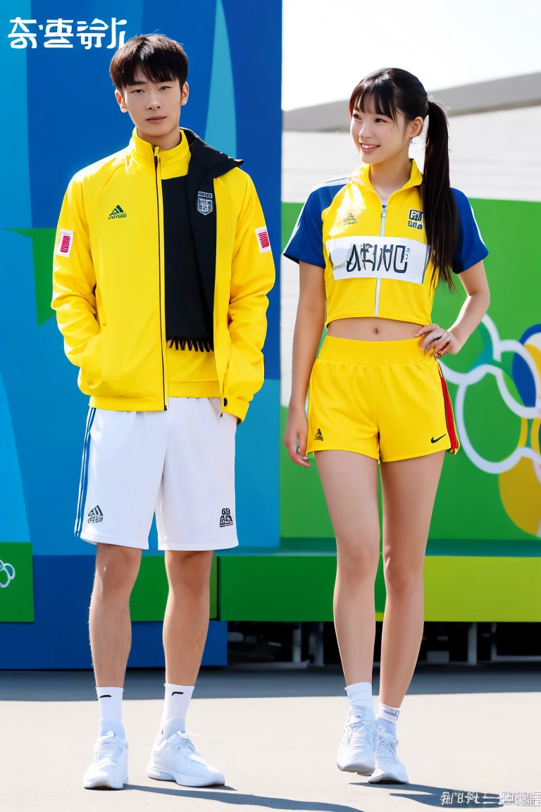 Chinese girl and man, Olympic wear set, smart yellow and black Olympic wear , super cool designs