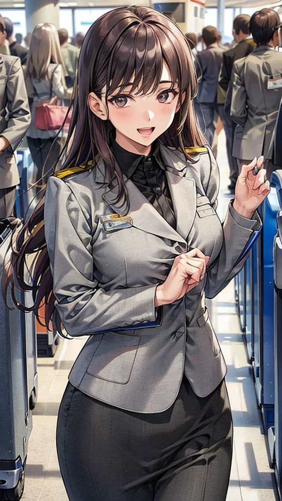 A female airport staff member standing at an information desk in a modern airport terminal. She is dressed in a professional uniform, with a friendly and welcoming expression. The background includes signs in multiple languages, people walking by with luggage, and an overall busy airport atmosphere. The lighting is bright and natural, giving a clean and efficient look to the scene