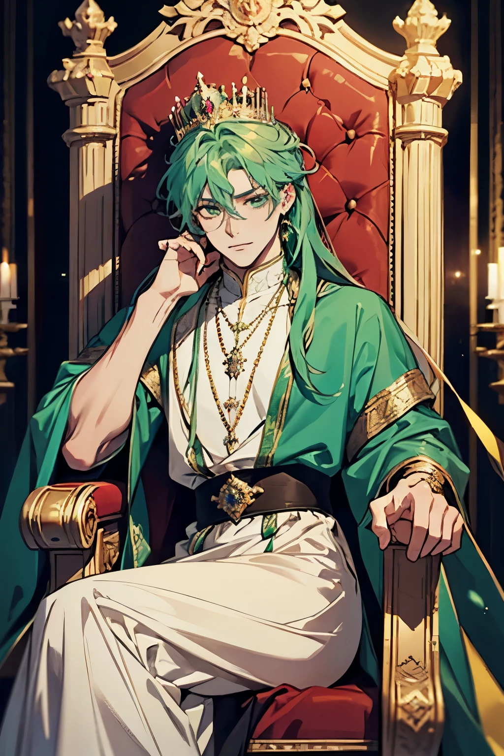 ,Throne,Sitting,Rest your cheek on your hand{{masterpiece}}, {{best quality}}, {ultra-detailed}3, castle, a handsome man, man,, Aristocratic costume, royalty, beautiful green hair, beautiful green eyes, {beautiful eyes}, white-skinned, long hair, short hair, slim, slender, crown, earrings, necklace, triumphant look, smug look, self-satisfied look, sparkling effect, luminous effect