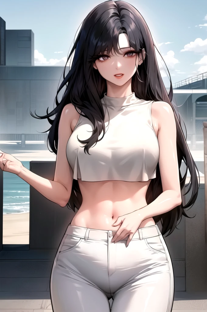 black hair,yellow eyes,(high quality eyes),masterpiece, best quality, high quality, highres, outdoors, looking at viewer, white shirt, crop top, midriff, navel, white pants, Jenny, tall female,big breasts, tassel earrings,
Red lipstick,