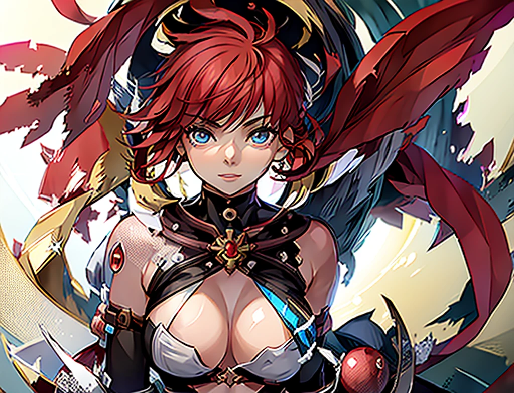 Anime, 1 girl, red hair, short hair, blue eyes, Yellow glowing eyes, Abdominal pain, The light sparkles beautifully., Beautiful fair skin, Guillotine Cross Set - Ragnarok Online, Sit back and relax., Hand holding a round red glass bottle of water, drink red juice, red nectar (Skull-shaped round bottle), Drug research is being done, medicine bottle, friendly, Magical light, Sharp picture, Beautiful detailed pattern